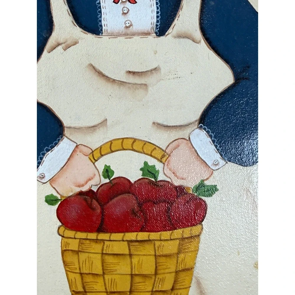 Vintage Hand Painted Folk Art Wooden Plaque Grandmother with Apple Basket 16in
